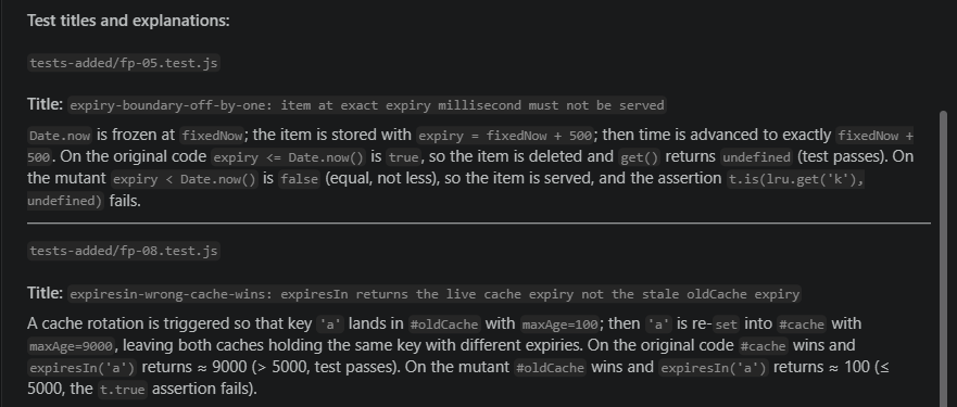IBM Bob in Guardian mode explaining the two tests it wrote and why each fails on the planted bug